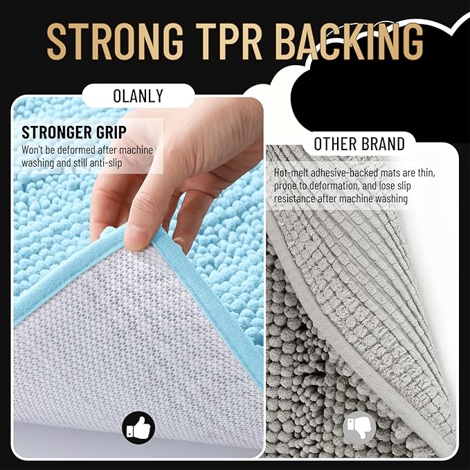 OLANLY Thick Bathroom Rugs 30x20, Extra Soft Absorbent Chenille Striped Bath Rugs, Rubber Backing, Machine Wash Dry, Bath Mats for Bathroom Floor, Tub and Shower, Home Decor Accessories, Sky Blue