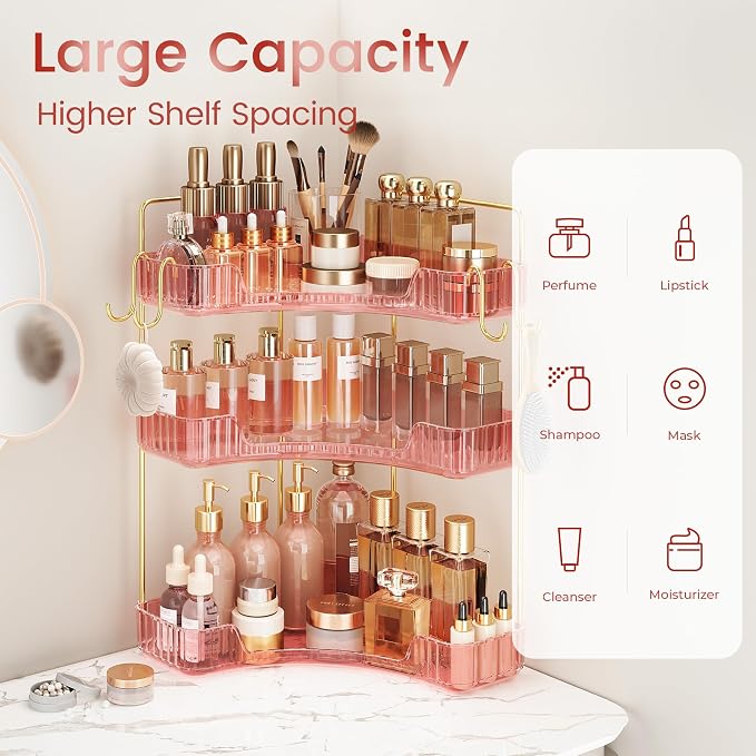 Corner Bathroom Counter Organizer 3-Tier Bathroom Organizer Countertop with Hooks Perfume Organizers Storage Shelf for Makeup & Skincare Dresser-Pink