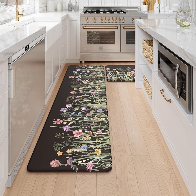 KIMODE Kitchen Mats Cushioned Anti Fatigue, Black Farmhouse Kitchen Rugs Sets of 2, Padded Kitchen Floor Mats, Non Slip Standing Mat for Sink, Laundry, Office, Desk 17"x59"+17"x29"