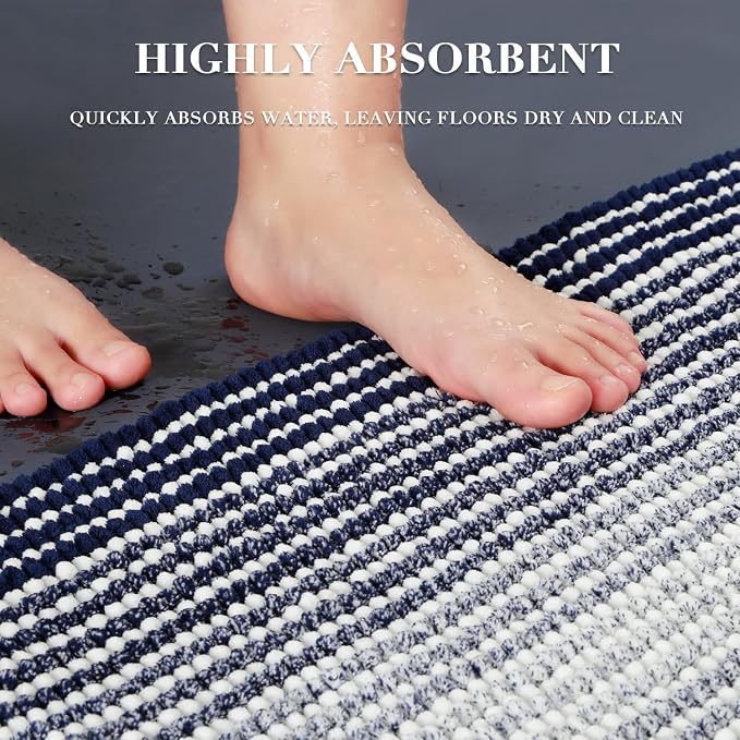 BSICPRO Bathroom Rugs and Mats Sets, 2 Piece Thick Absorbent Chenille Non Slip Soft Shaggy Floor Mats Machine Washable (20" x 47" Plus 16" x 24", Navy)