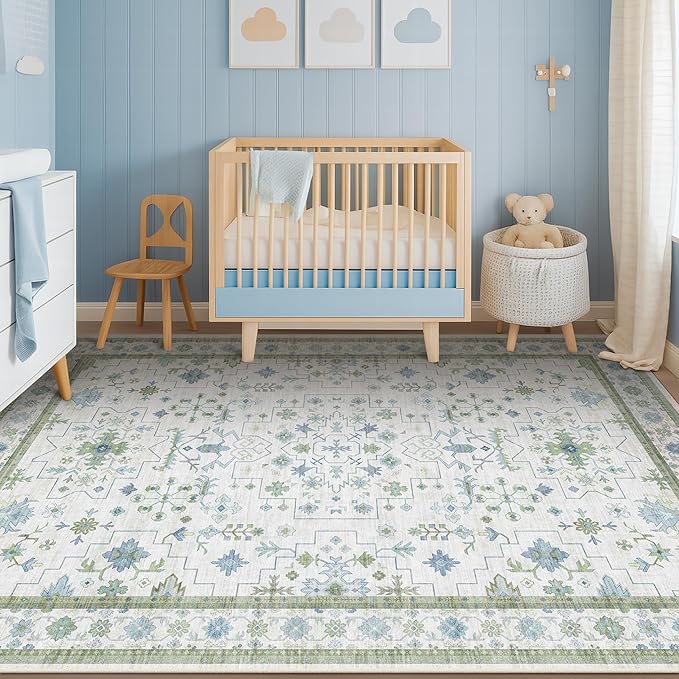Blue and Green 4x6 Rugs for Small Living Room - Oushak Boho Pastel, Low Pile Non Slip Stain Resistant Throw Rug for Under Bed, Large Entryway, Kitchen, Floor Carpet Aesthetic Boys