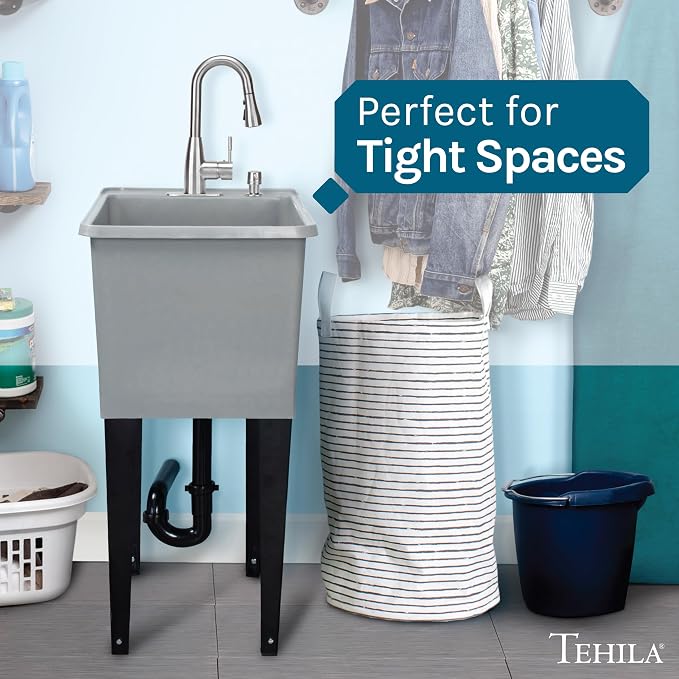 Grey Space Saver Utility Sink by JS Jackson Supplies, Freestanding Tehila Space Saving Laundry Tub, Stainless Pull-Down Faucet, Soap Dispenser