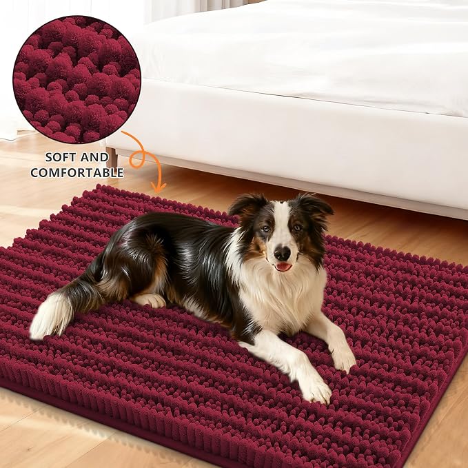 Smiry Dog Door Mat for Muddy Paws 59x24, Absorbent Dirt Trapper, Non-Slip Washable Chenille Entryway Rug for Inside Floor, Burgundy, Layered Pattern