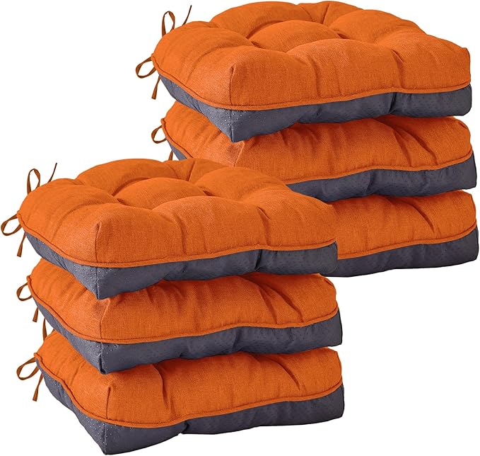 IASEAHK Chair Cushions for Dining Chairs, Seat Cushions for Kitchen Chairs, Indoor Seat Cushions with Ties, Tufted Foam Chair Pads, Non Slip Chair Cushions Set of 6, 15.5" x 15.5" x 4", Orange