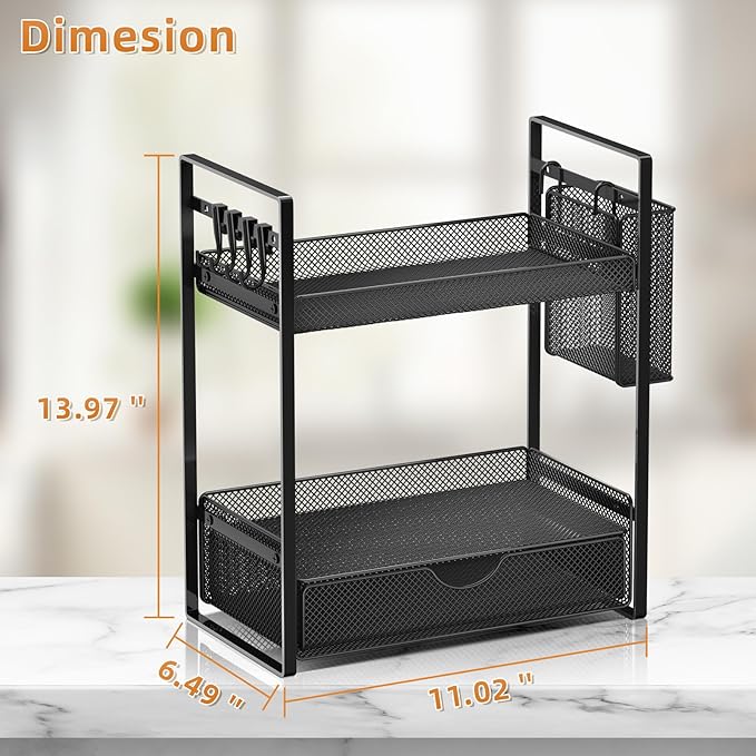 VITVITI 2 Tier Bathroom Organizer Countertop with Drawer, Metal Mesh Bathroom Counter Vanity Organizer Storage, Bath Room Sink Kitchen Spice Rack with Basket Hooks, Black