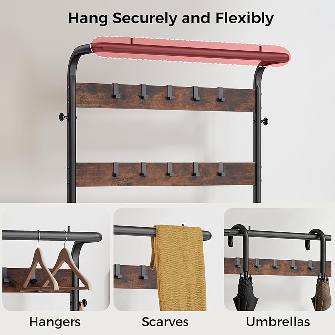 Hall Tree with Bench and Shoe Storage, 4-in-1 Entryway Organizer with 10 Hooks and Storage Shelf,Coat Rack Freestanding with 2-Tier Storage Shelf for Living Room, Deep Rustic