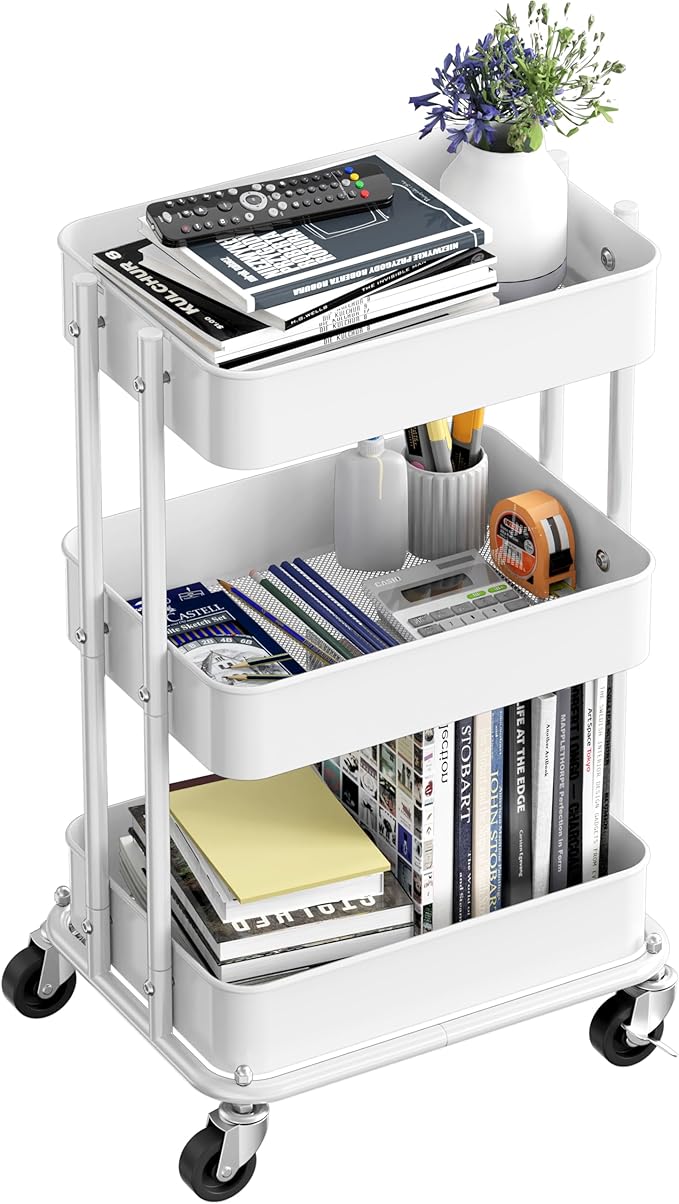 Simple Houseware 3-Tier Compact Utility Rolling Cart, Low 24” Height Fits Under Desk, Space-Saving Storage for Home Office, Dining Room, or Kitchen, White