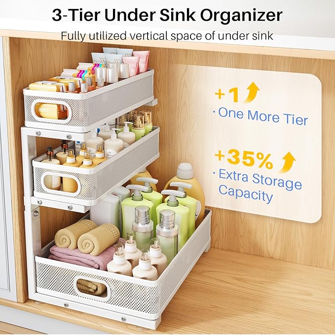 Under Sink Organizer, 2-Pack 3-Tier Thickened Metal Pull out Cabinet Organizer Shelf, Height Adjustable Slide out Storage Drawer Rack for Kitchen Bathroom Pantry Laundry Home Organization, White