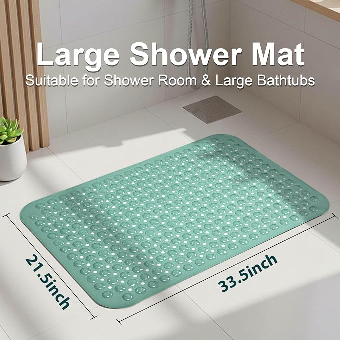 Large Shower Mat 21.5x33.5 Inch Mars Green, Soft Non Slip Shower Mats for Inside Shower with Big Suction Cups Drain Holes, Extra Large Bath Bathtub Mat Floor Stall Mats, BPA-Free, Easy Clean