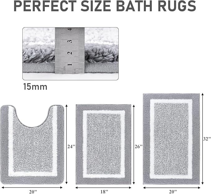Pauwer Bathroom Rug Sets - 3 Piece Shower Mats with U-Shaped Contour Toilet Mat, Absorbent Microfiber Plush Bath Mats, Non Slip, Machine Washable Shaggy Floor Mats