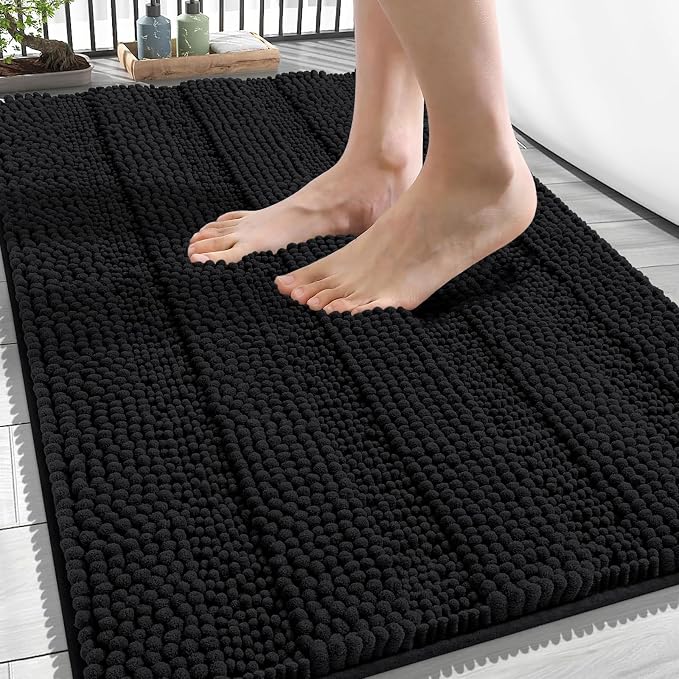 OLANLY Thick Bathroom Rugs 34x21, Extra Soft Absorbent Chenille Striped Bath Rugs, Rubber Backing, Machine Wash Dry, Bath Mats for Bathroom Floor, Tub and Shower, Home Decor Accessories, Black