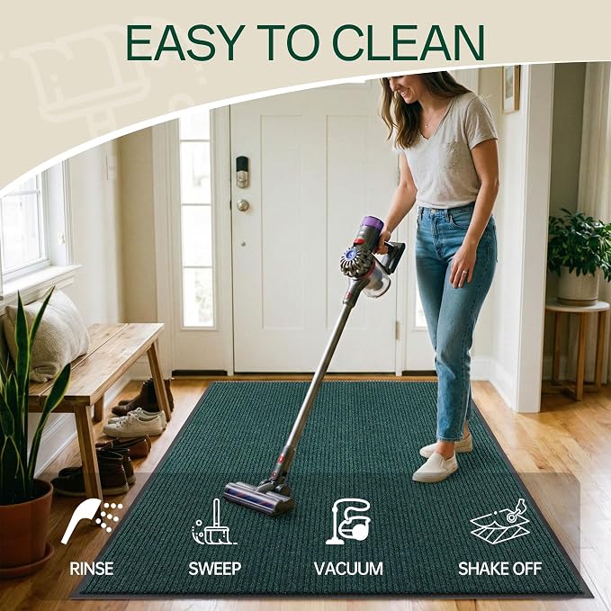 Indoor Outdoor Door Mat, 5’x 3' Doormat for Entryway, Rubber Backing Non Slip Front Door Mat Outside Entrance, Super Absorbent Commercial Floor Mat for Home Office, Green