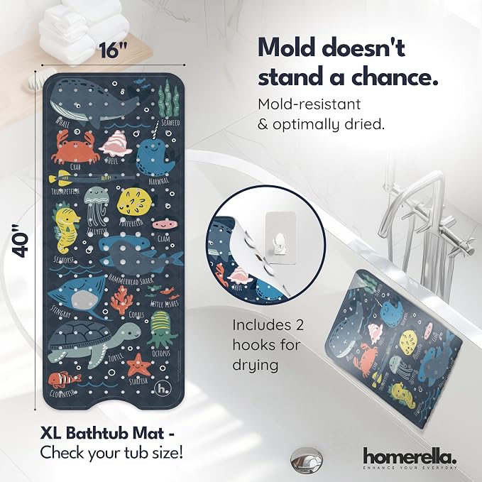 Bath Tub Mat Non Slip Anti Mold for Kids BPA Free INCL Hooks - homerella® Ocean Sea Animals 40x16, Baby Bath Mat Non Slip 200 Suction Cups, Non Toxic Machine Washable Toddler Bath Mat, EU Certified