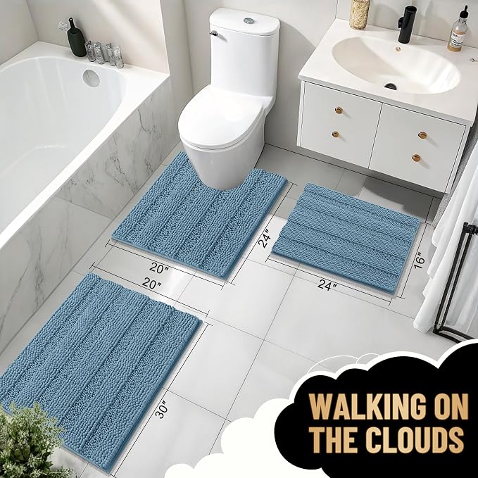 OLANLY Thick Large Bathroom Rugs 45x27, Extra Soft Absorbent Chenille Striped Bath Rugs, Rubber Backing, Machine Wash, Bath Mats for Bathroom Floor, Tub and Shower, Home Decor Accessories, Airy Blue