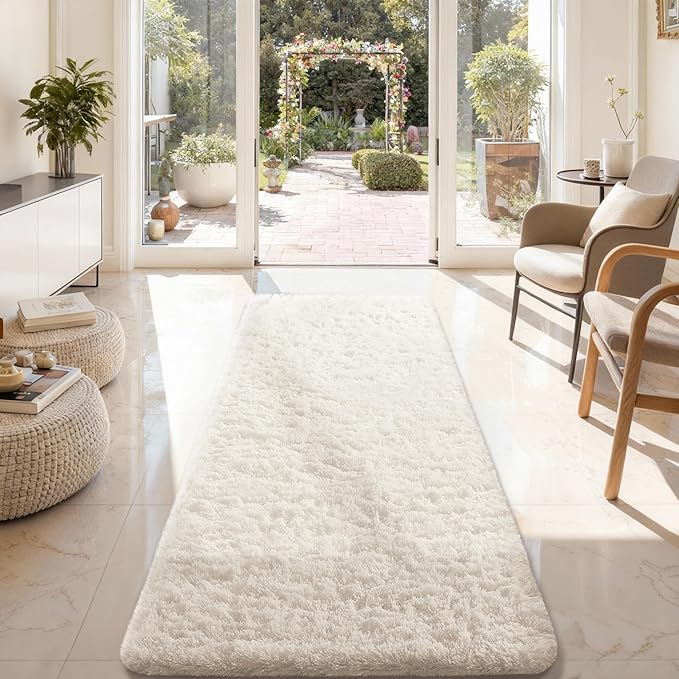 Ophanie Runner Rug for Hallway, 3x8 Washable Non-Slip Fluffy Soft Bedside Rugs, Bedroom Living Room Shaggy Carpet for Kids Girls Boys Dorm Nursery Home Decor Aesthetic, Ivory