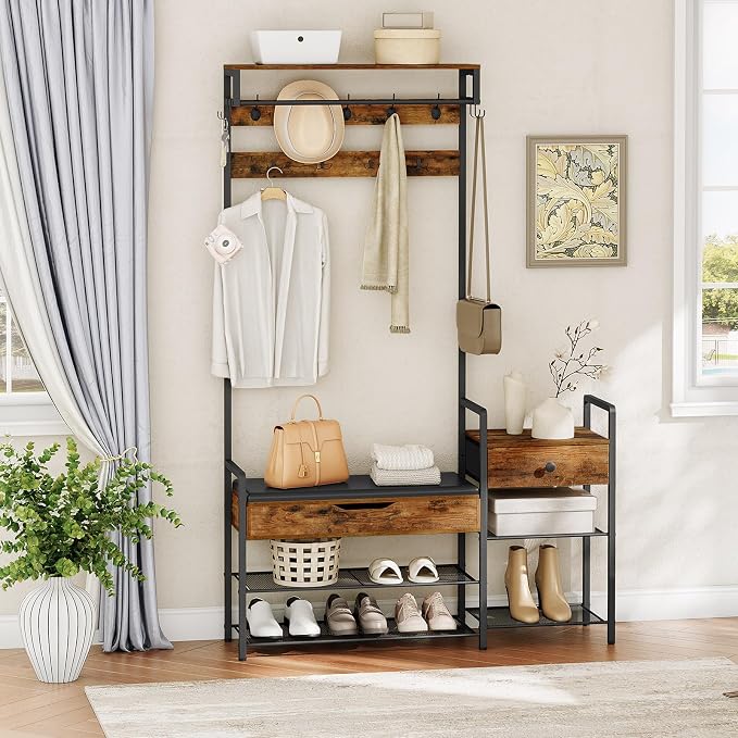 HOOBRO Hall Tree with Bench, Shoe and Coat Rack for Entryway, Coat Rack with Bench, Flip Top Storage Box, PU Cushioned Seat, Non-Woven Fabric Drawer, for Entrance, Rustic Brown and Black BF110MT01