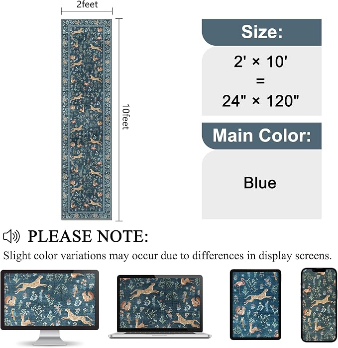 DUKINO 2x10 Rug for Hallway, Washable Kitchen Runner Rug with Non Slip Backing, Soft Low Pile Vintage Animal Runner for Bedroom, Kitchen, Hallway, Entryway, Laundry, Blue
