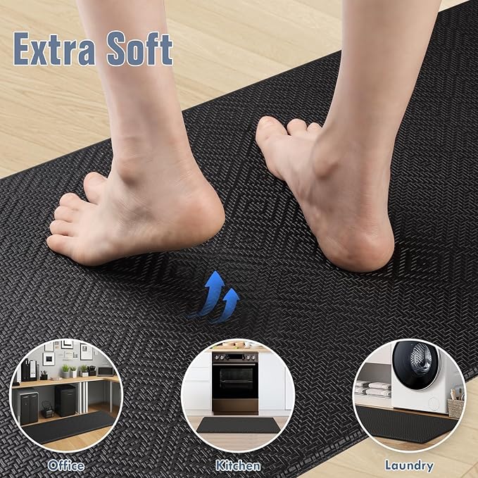 Mattitude Kitchen Mat 2PCS Kitchen Rugs Cushioned Anti-Fatigue Rug Waterproof Standing Desk Mat Kitchen Mats for Floor Kitchen Rug Set for Kitchen, Sink, Office 17.3"×30"+17.3"×47"-0.47inch Black