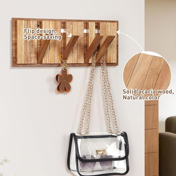 Wall Coat Rack for Entryway: Rustic Wooden Folding 8 Hooks Mount 16.5inch Decorative Piano Hanger for Farmhouse Hallway Bathroom for Towel Backpack Jacket (Neat Style)