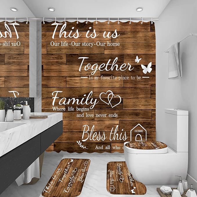 4Pcs Family Shower Curtain Sets with Non-Slip Rugs, Toilet Lid Cover and Bath Mat, Brown Home Bathroom Decor Set Accessories Waterproof Shower Curtains with 12 Hooks, 72 x 72 Inch