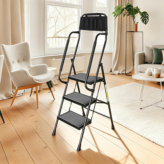 Valeo 3 Step Ladder with Handrails,500 Lbs Capacity,Folding Step Stool Ladder with Attachable Tool Bag,Lightweight & Storage Step Ladder 3 Step Folding,Multi-use for Home,Kitchen,Office,Black