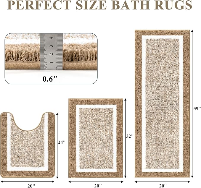 Pauwer Bathroom Rugs Sets 3 Piece Bathroom Shower Rugs with U-Shaped Contour Toilet Mat Absorbent Microfiber Plush Bath Mats Non Slip Bath Rug Machine Washable Shaggy Floor Mat, Khaki