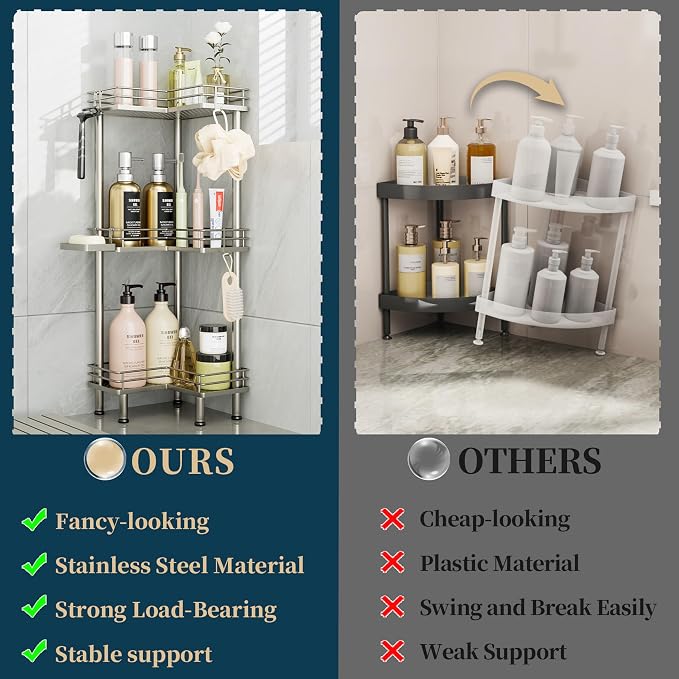 Consumest Corner Shower Caddy Standing - 3-Tier Stainless Steel Shower Organizer with Soap Holder and 4 Hooks, Large Capacity Corner Shelf Stand for Bathroom, Rest Room, Sand Nickel