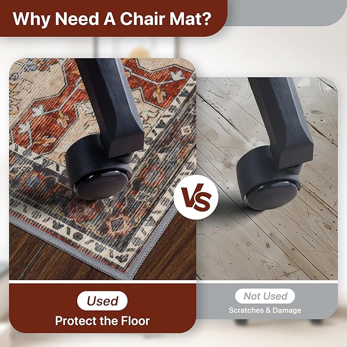 48"x72" Office Chair Mat for Hardwood Tile Floor, Under Desk Carpet Protector for Rolling Computer Chair Mat, Machine Washable Area Rug, Anti-Slip 1/5" Thick Low Pile Thin Vinyl Floor Mat, Annatto