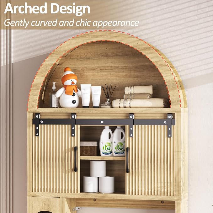 Spurgehom Over The Toilet Storage Cabinet, Bathroom Shelf Organizer Freestanding, Bathroom Arch Cabinet Over Toilet with Toilet Paper Holder and Anti-Tipping Device (Two Sliding Door-Wood)