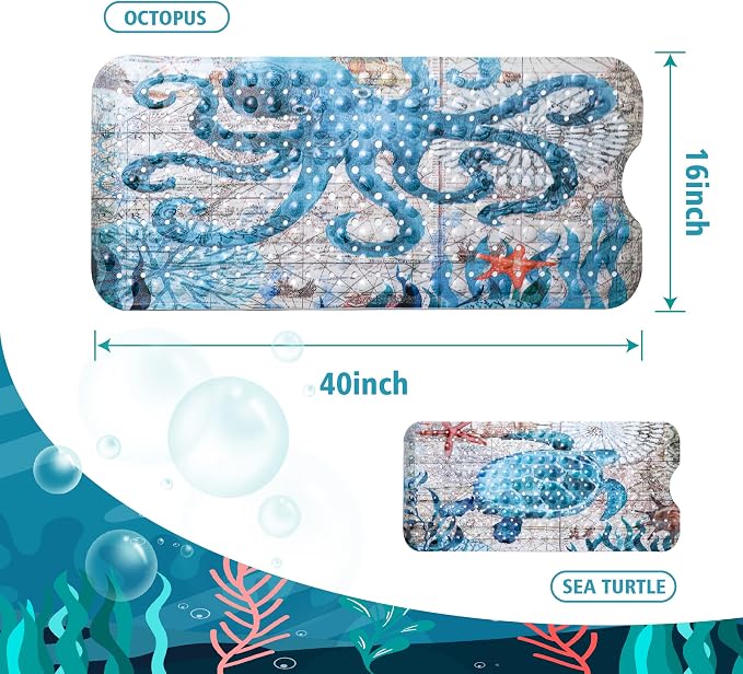 MOLFUJ Shower Mat, Octopus Non Slip Bathtub Mats for Bathroom, 40 X 16 inch Long Bath Tub Mat with Anti Slip Suction Cups and Drain Holes - Blue