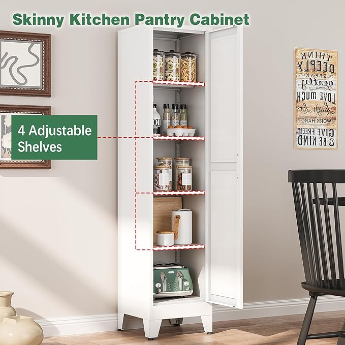 Bevivog Tall Bathroom Storage Cabinet, 67" Narrow Metal Storage Cabinets, Freestanding Tall Linen Cabinet, Slim Kitchen Pantry Cabinets with Shelves