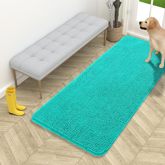 OLANLY Dog Door Mat for Muddy Paws 54x24, Absorbs Moisture and Dirt, Absorbent Non-Slip Washable Doormat, Quick Dry Chenille Mud Mat for Dogs, Entry Indoor Entryway Carpet for Inside Floor, Teal