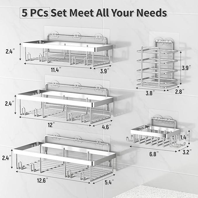 Liuoud 5 Pack Shower Caddy Organizer Rack Shelf for Inside Shower, Self Adhesive Bathroom Wall Storage Basket Rustproof Stainless Steel Large Capacity Shampoo Holder, Silver