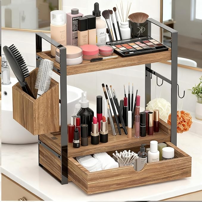 2-Tired Bathroom Counter Organizers and Storage, Bathroom Countertop Organizer with Drawer, Solid Wood Skincare Perfume Organizer for Vanity Kitchen Corner Shelf Office Countertop (Drak Brown)