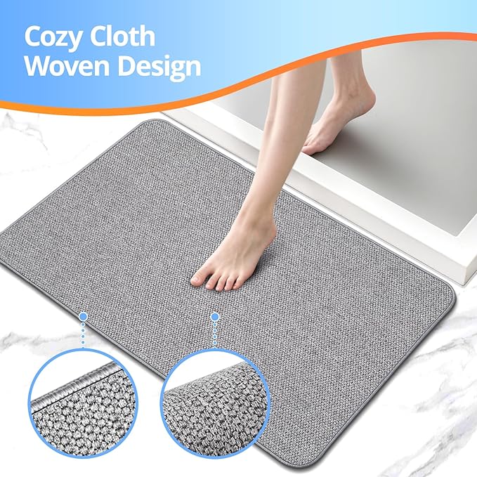 Upgraded Bath Mat 19x30Inch, Thin Bath Mats Rugs with Rubber Backing Non-Slip, Absorbent,Quick Dry Machine Washable, Home Decor Accessories Cozy Cloth Bathroom Rugs fit Under Door/Sink/Tub/Shower-Grey