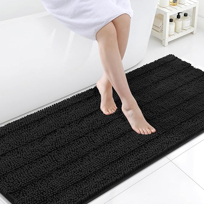 Grandaily Chenille Striped Bathroom Rugs 59x24, Extra Thick and Soft Absorbent Bath Mats, Rubber Backing, Plush Shaggy Shower Carpet, Machine Wash Dry, Bath Rug for Bathroom, Deep Black