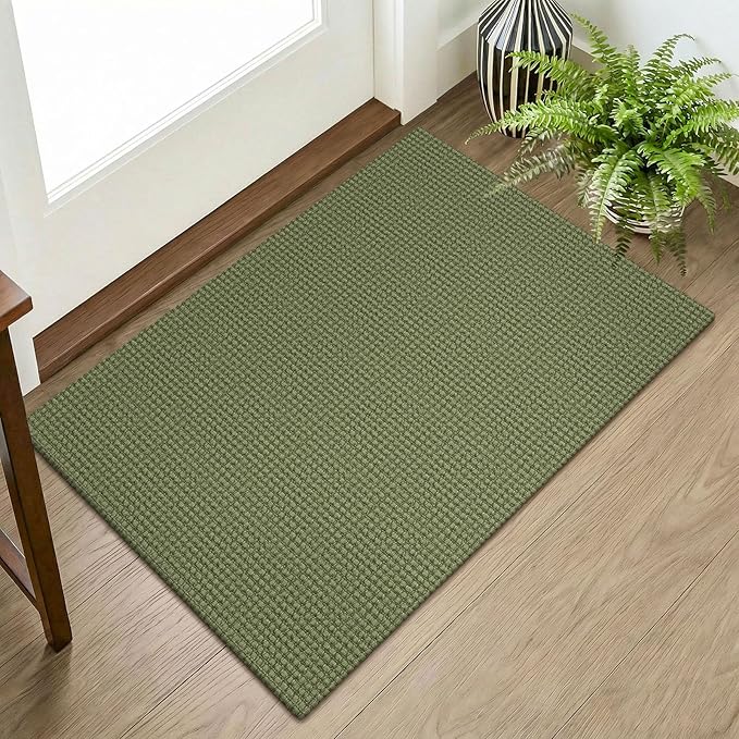 KOZYFLY Indoor Door Mat 2x3 ft Small Area Rugs Washable Front Door Mat Non Slip Rubber Backed Entryway Rug Cotton Entrance Doormat for Front Porch Kitchen Bedroom, Olive Green/Earthy Green