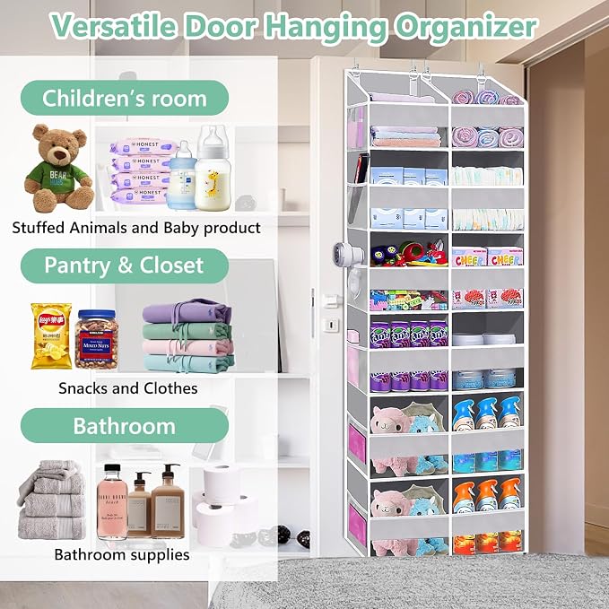 UVIAHOMI Heavy Duty Over The Door Organizer 6 Tiers, Extra Large Behind Door Storage of 12 Front & 12 Mesh Pockets, 80lb Weight Capacity, Hanging Doors Storage for Closet Bedroom Nursery, Light Gray