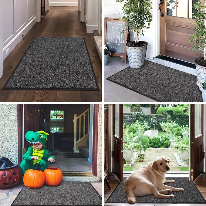 Mibao Front Door Mat, Dirt Trapper Welcome Mat for Outdoor Indoor, Non-Slip Waterproof Doormat, Durable Machine Washable Low Profile Entry Rug for Back Door Outside Patio Porch, 29.5" x 17", Grey