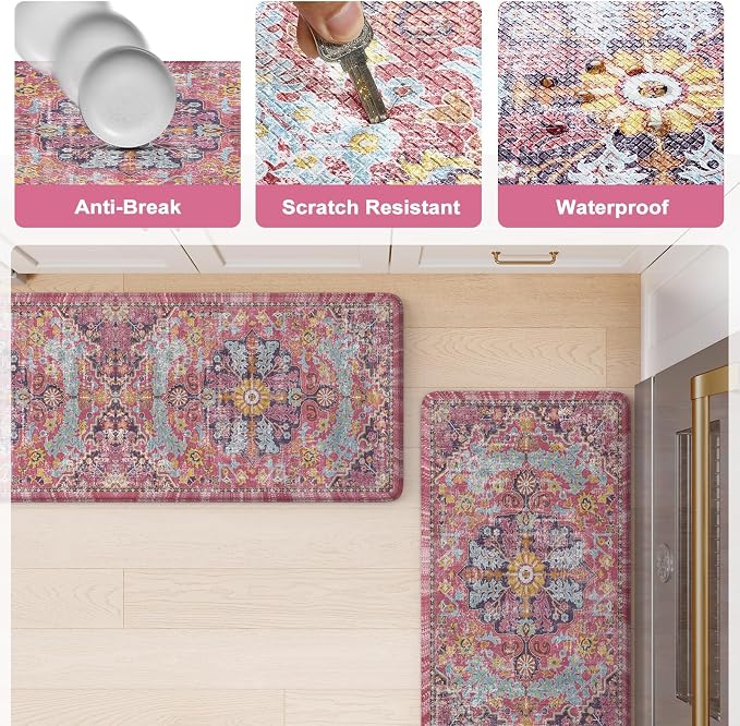 KIMODE Anti Fatigue Kitchen Mat, Cushioned Boho Kitchen Rugs Sets of 2, Non Slip Farmhouse Kitchen Mat for Floor, Waterproof Standing Desk Mat for Laundry, Office, Sink Fuchsia/Multi 17"x59"+17"x29"