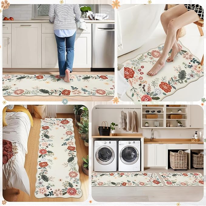 Homcomoda Floral Kitchen Rugs Mats for Floor 3PC, Farmhouse Non Slip Kitchen Rug Runner, Washable Non Skid Kitchen Rugs, Comfort Standing Mat for Laundry, Desk, Bar, Office, Beige