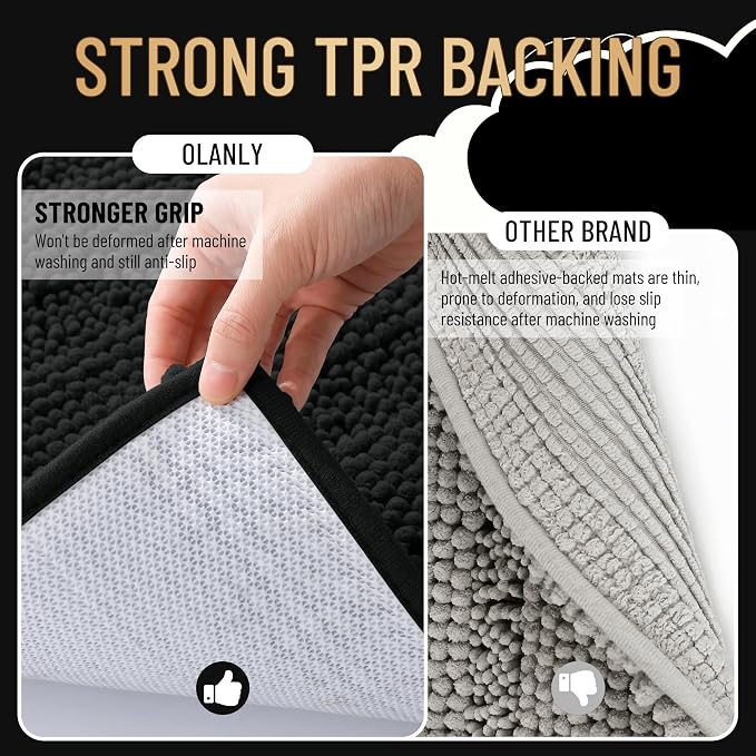 OLANLY Thick Bathroom Runner Rugs 47x20, Extra Absorbent Chenille Striped Bath Rugs, Rubber Backing, Machine Wash Dry, Long Bath Mats for Bathroom Floor, Tub and Shower, Home Decor Accessories, Black
