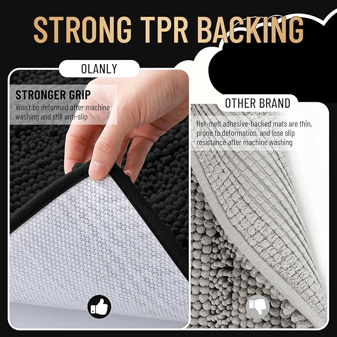 OLANLY Thick Bathroom Runner Rugs 47x17, Extra Absorbent Chenille Striped Bath Rugs, Rubber Backing, Machine Wash Dry, Long Bath Mats for Bathroom Floor, Tub and Shower, Home Decor Accessories, Black