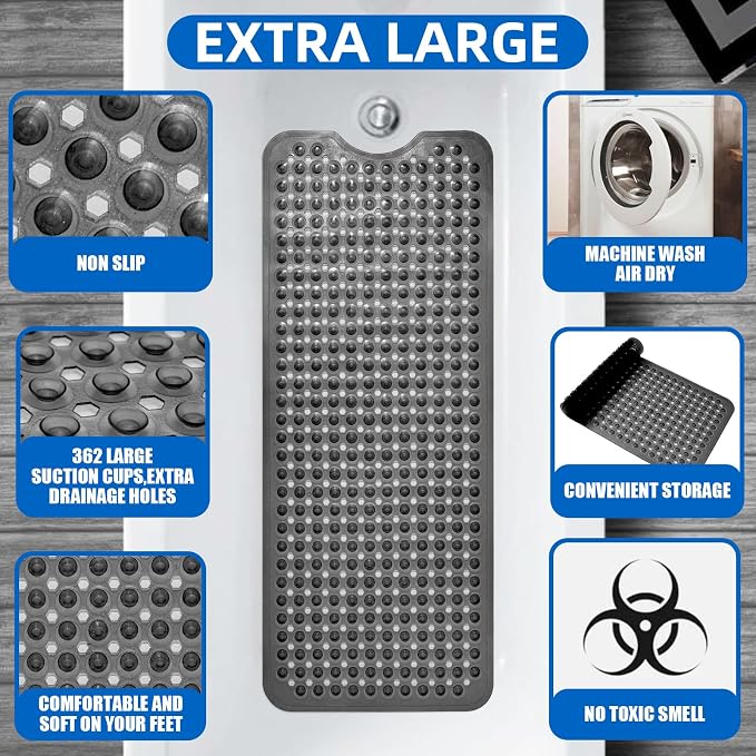 MOONFLY Shower and Bathtub Mat,40x16 Inches,Extra Long Non Slip Mats with Suction Cups and Drain Holes, Machine Washable and Anti Slip Bathmats, Bathroom Mats for Tub Nonslip (Translucent Black)