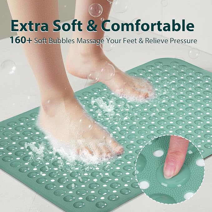 Bathtub Mat Shower Mat Non Slip 17x30 Inch Standard Size, Soft Bubble Bath Tub Mat Shower Mats for Inside Shower Bathroom Floor Mat with Big Suction Cups & Drain Holes, BPA-Free，Mars Green