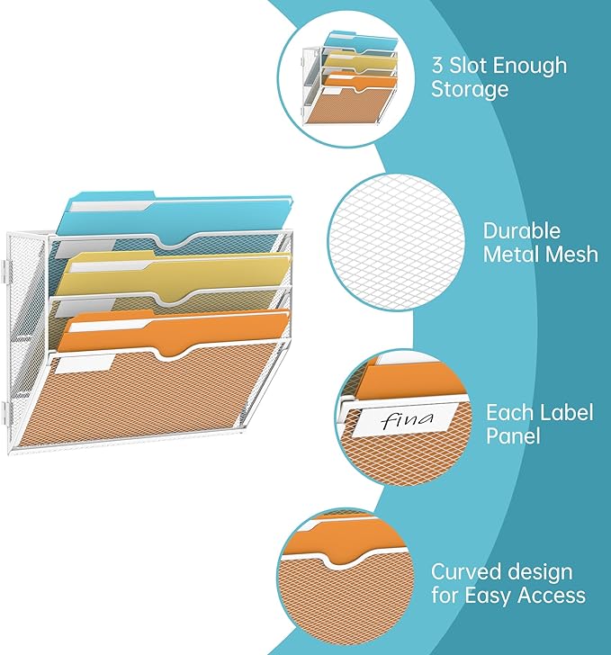 SUPEASY 3-Tier Wall File Organizer, Hanging Wall Mounted Mail Organizer with Label Slots, Metal Mesh File Holder Magazine Rack for Office, Home, School or Classroom, White