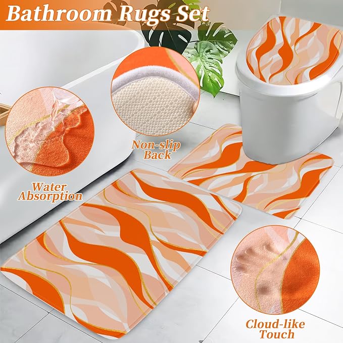XLHOMO Bathroom Set - Orange and Gold Bathroom Accessories, Bathroom Sets with Shower Curtain and Rugs, Orange Shower Curtain Set with Bathroom Trash Can, Soap Dispenser, Soap Dish for Home Decor