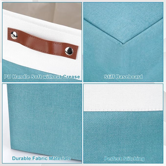 Bagnizer Large Fabric Storage Baskets | 50L Storage Bins, Decorative Linen Closet Baskets with Handles for Organizing, Shelf, Toys, Clothes, Home, Office, Nursery, 17x12x15Inches (Teal&White)