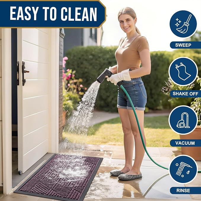Smiry Front Door Mat Outside Entrance, Heavy Duty Sturdy Natural Rubber Doormat, Trap Dirt and Moisture, Easy Clean Low Profile Mats for Indoor Outdoor Entry, Irregular Triangle (47x32, Purple)