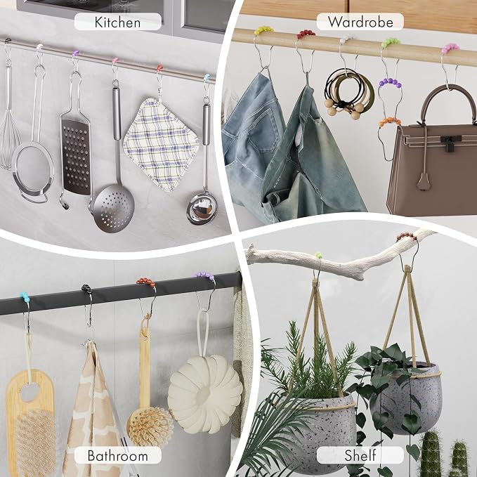 Amazer Shower Curtain Hooks, Decorative Shower Curtain Hooks, Colorful Shower Curtain Hooks, Rustproof Stainless Steel Shower Hooks for Bathroom Shower Curtain-Set of 12